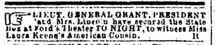 Advertisement for Lincoln at Our American Cousin 1