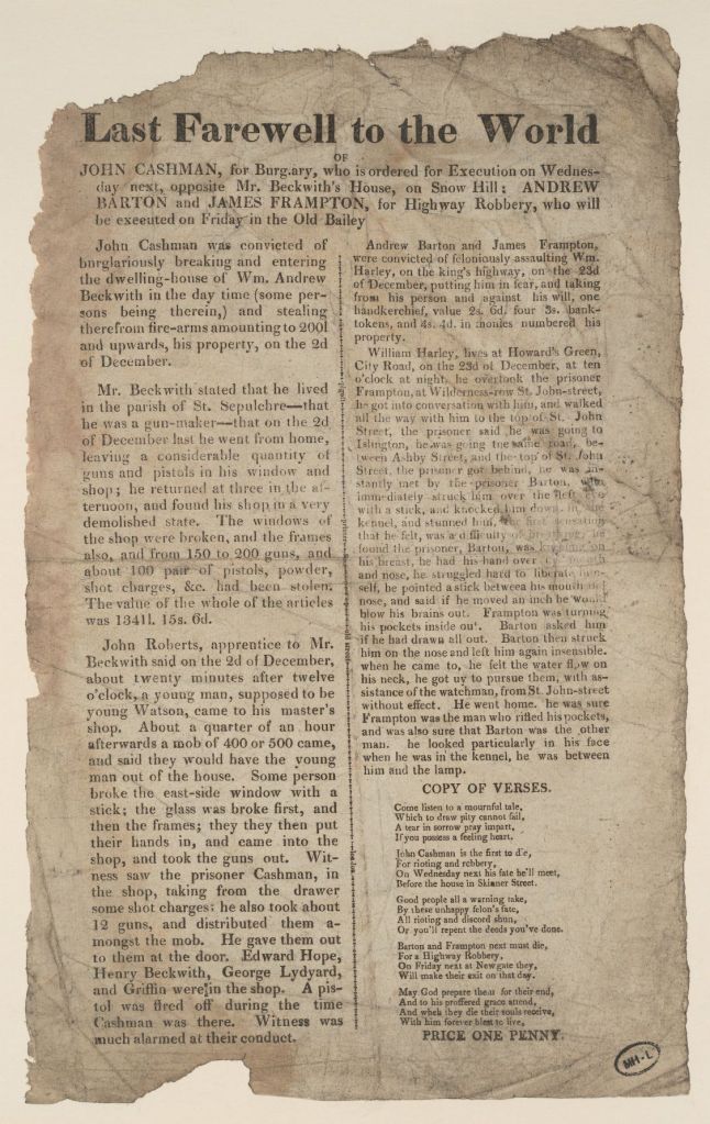 One of George Piggot’s “dying speeches” broadsides. Junius would have assisted in the printing of these. Source: Harvard Law School Library