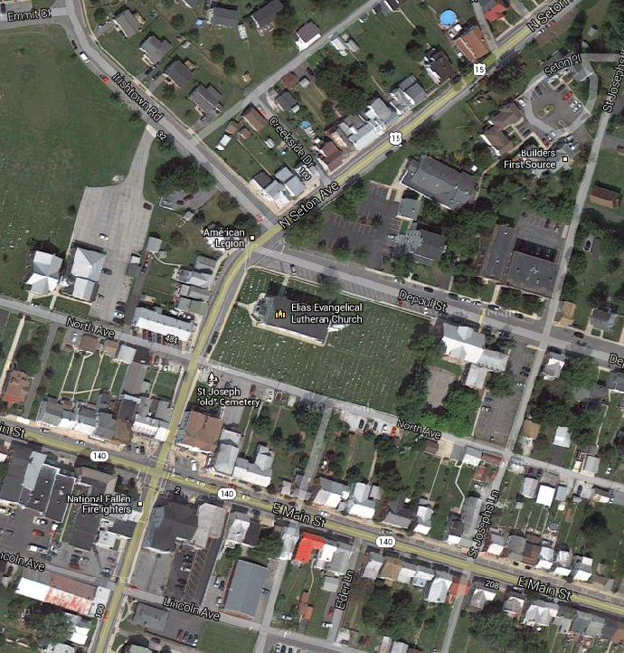 Map of Emmitsburg, MD showing the former location of St. Vincent's Hall, the school at which John Surratt was principal for a time.