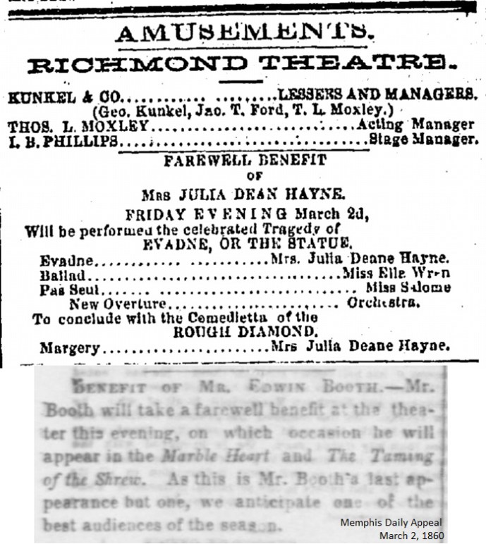 Rose mentions John Wilkes' long curtain call for his performance as Ludovico in Evadne (top) and Joe's appearance alongside Edwin as Biondello (bottom).