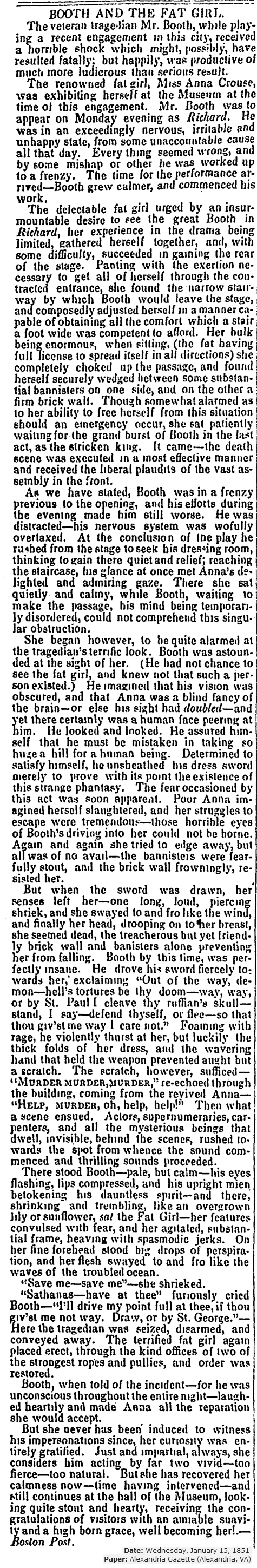 Junius Booth and the Fat Girl 1851