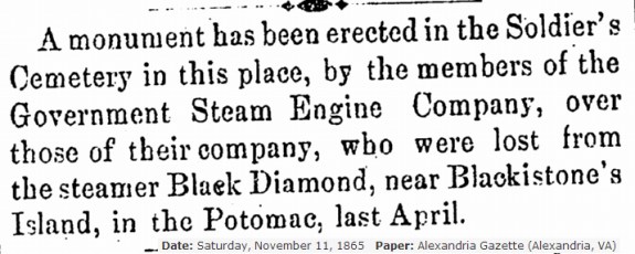 Monument to Black Diamond Alexandria Gazette 11-11-1865