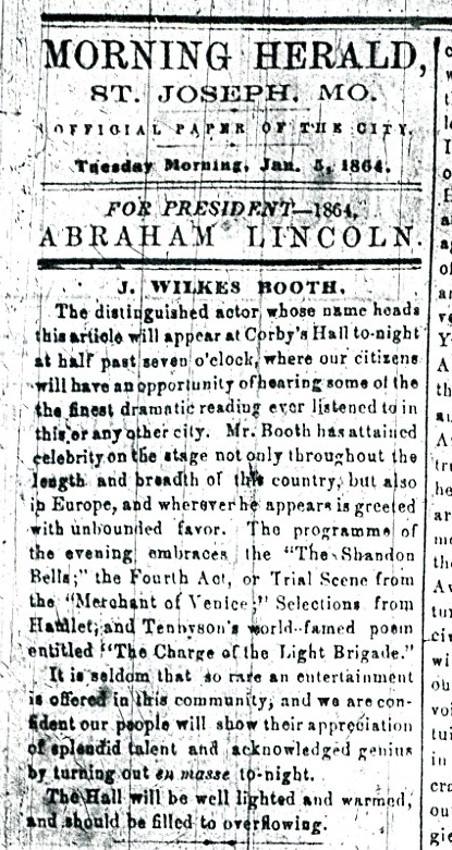 John Wilkes Booth will perfom with Lincoln ad 1-5-1864 St Joseph Morning Herald