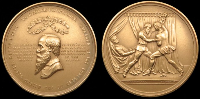 The congressional medal awarded to Pvt. George Foster Robinson for protecting Secretary William Seward.